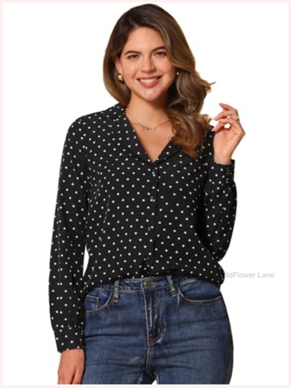 Allegra K Women Vintage Polka Dot Heart Print Button Down Long Sleeve Blouse